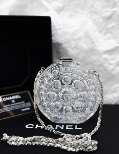 Chanel 2018 clear acrylic & silver leather minaudière bag