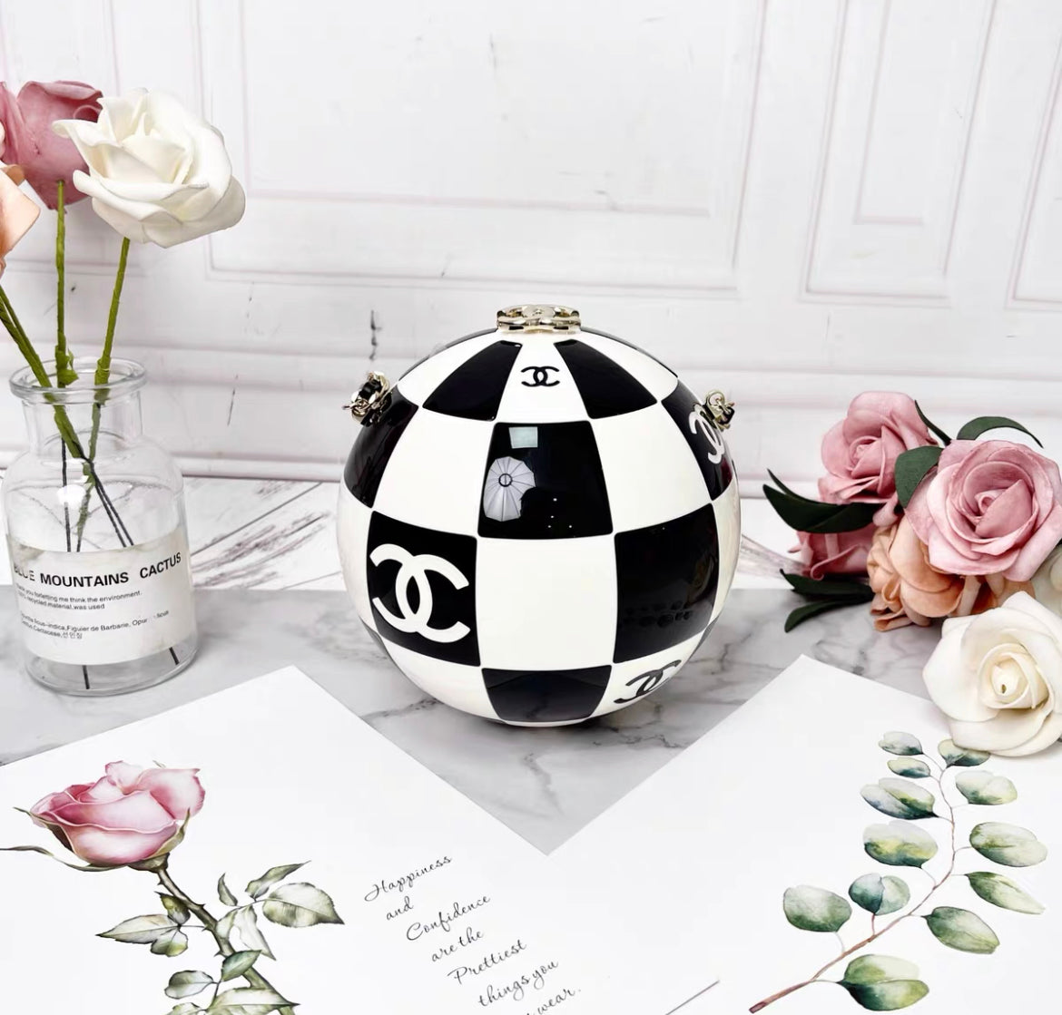 Chanel Black and White Resin and Enamel Checker Sphere Minaudiere Pale Gold Hardware, 2023