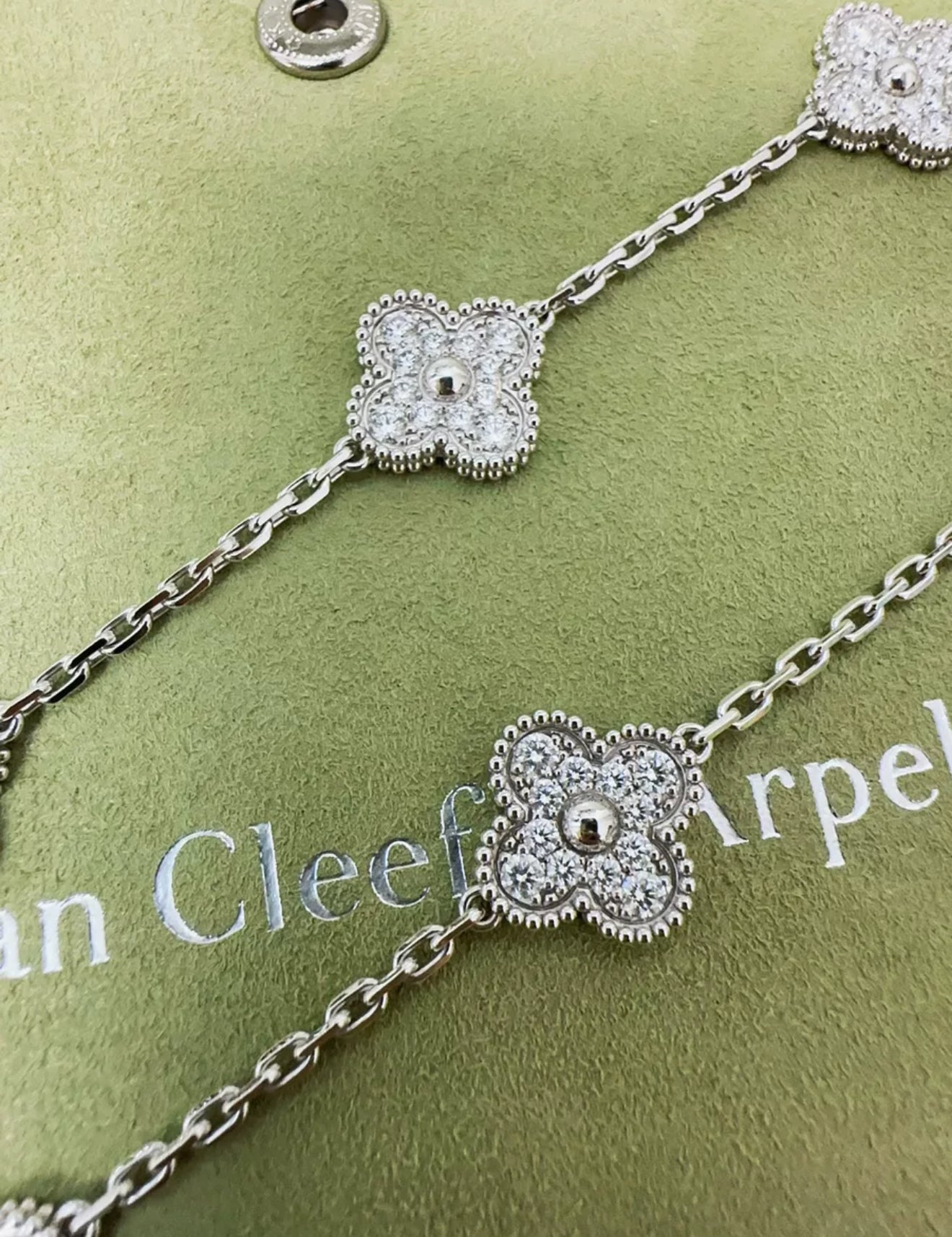 Van Cleef & Arpels 18k White Gold Diamond Set Vintage Alhambra Necklace
