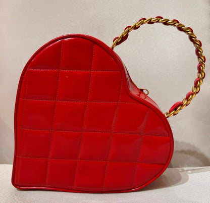 CHANEL 1995 VINTAGE RED PATENT "BARBIE" HEART VANITY LOGO BAG 24K GOLD HARDWARE