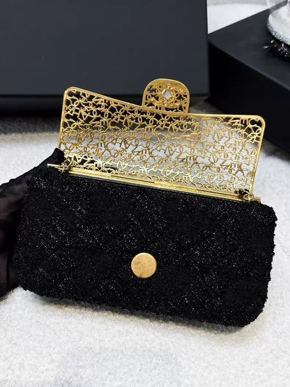 Chanel 22K black and gold metallic tweed CF chain evening bag