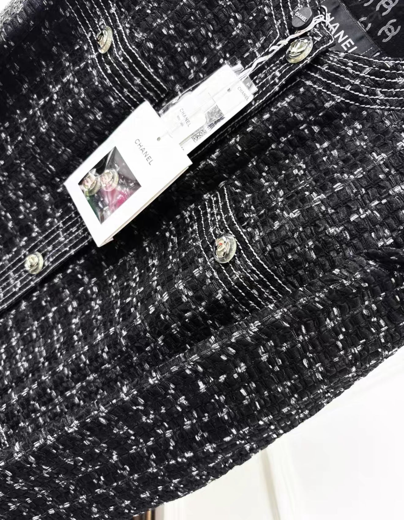 Chanel 20p black houndstooth long coat
