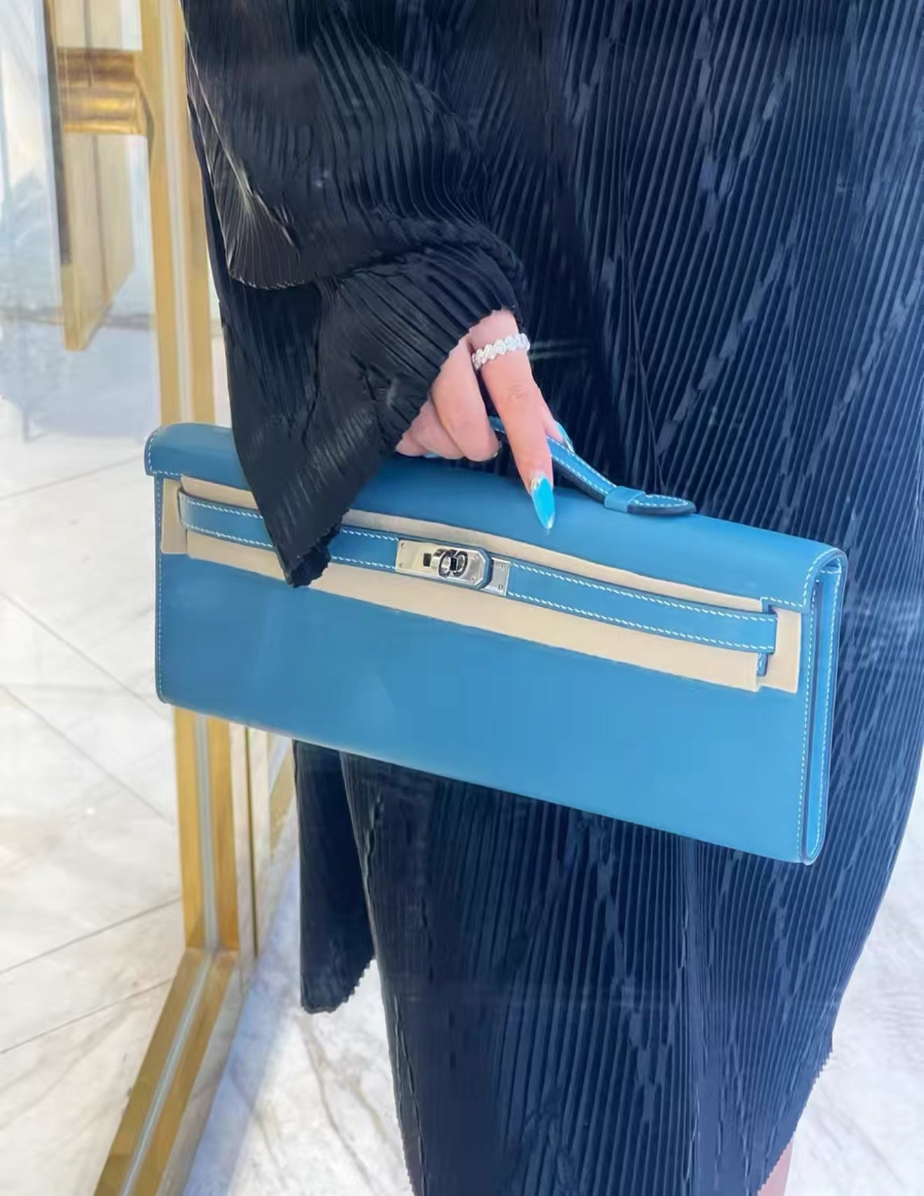 Hermès Kelly Cut Blue Jeans Swift Leather palladium hardware