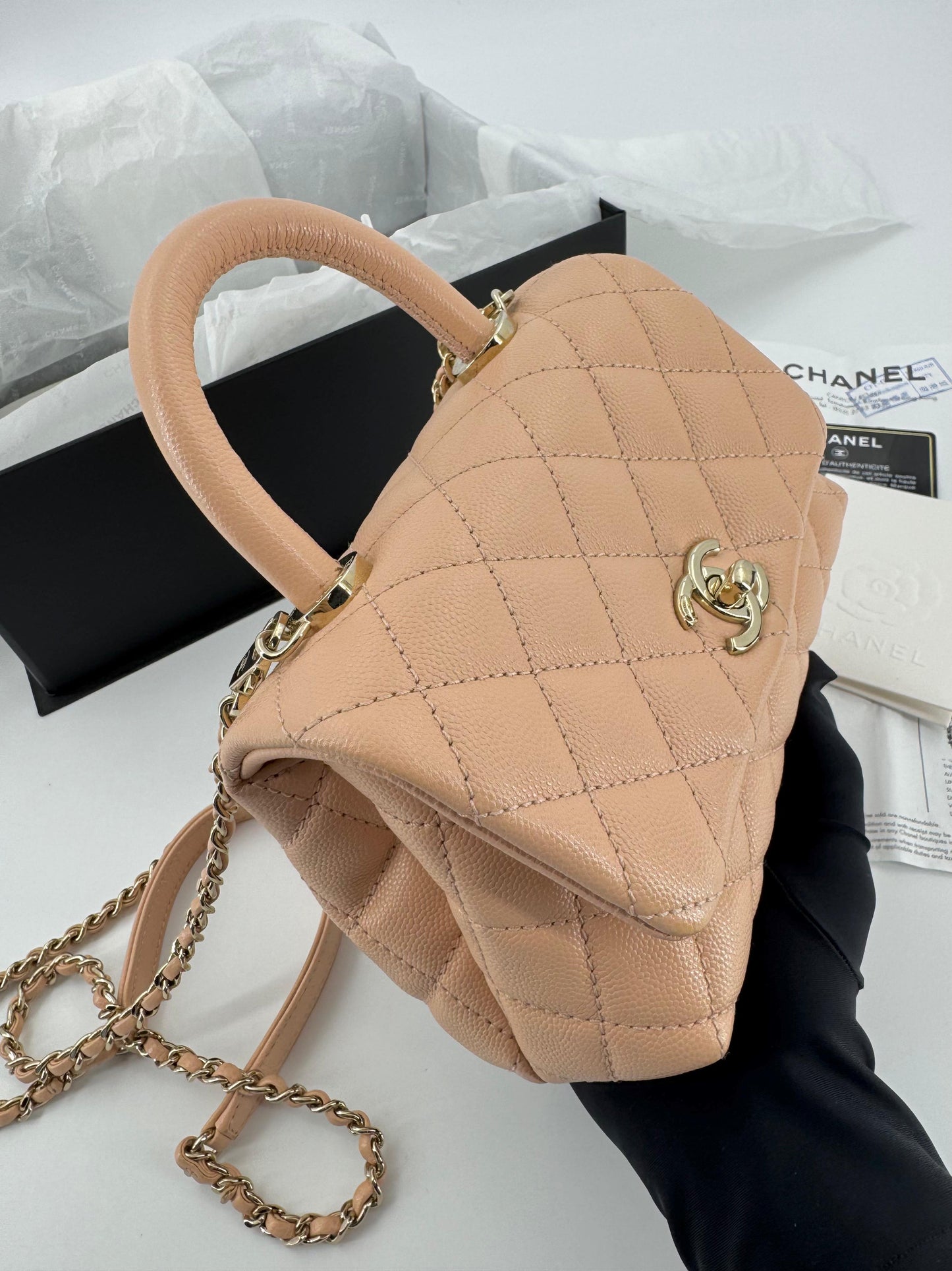 Chanel peach grained leather mini coco handle with light gold hardware