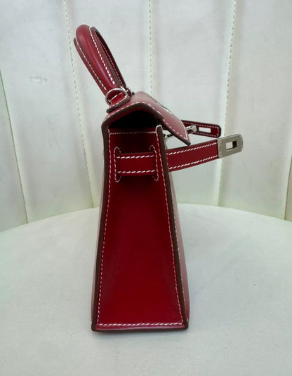 Rare Hermès Mini Kelly Ferrari red box leather with white stitching palladium hardware