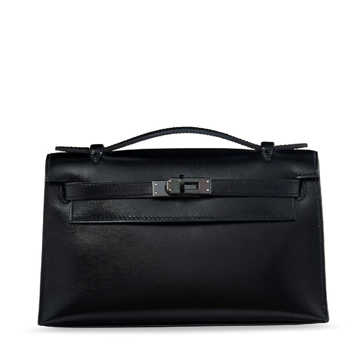 RARE LIMITED EDITION HERMES KELLY POCHETTE BLACK CALF BOX LEATHER SO BLACK WITH PVD HARDWARE