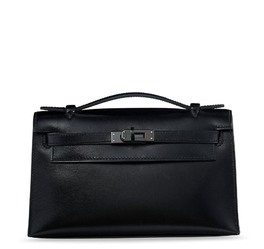 RARE LIMITED EDITION HERMES KELLY POCHETTE BLACK CALF BOX LEATHER SO BLACK WITH PVD HARDWARE