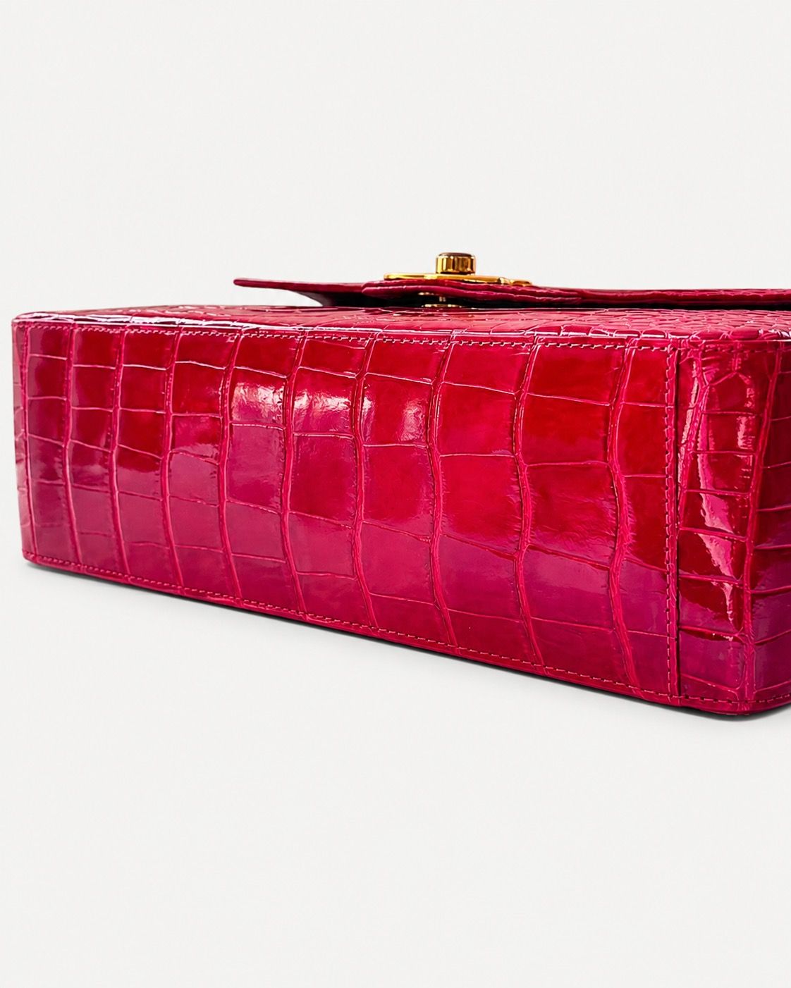 Chanel Red Shiny Crocodile Maxi flap with gold hardware