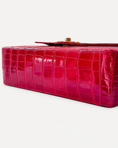 Chanel Red Shiny Crocodile Maxi flap with gold hardware