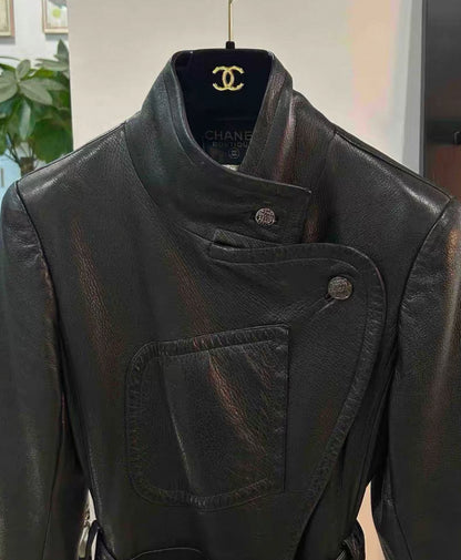 Chanel 97A black leather coat with belt