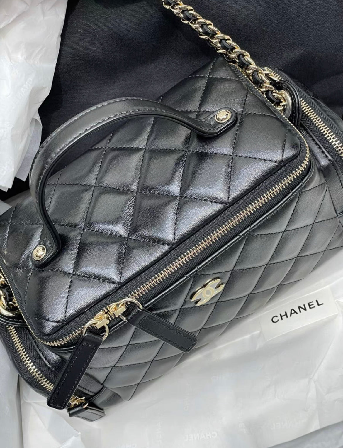 Chanel 24 CAMERA CASE Top Handle Handbag Black Lambskin leather