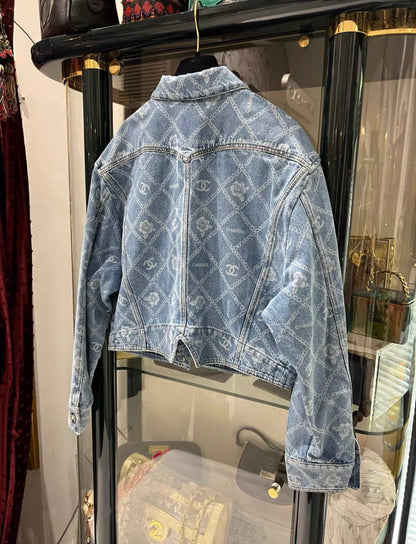 CHANEL 23A BLUE JEANS DENIM JACKET CC LOGO CAMELLIA FLOWER PRINT SIZE 38