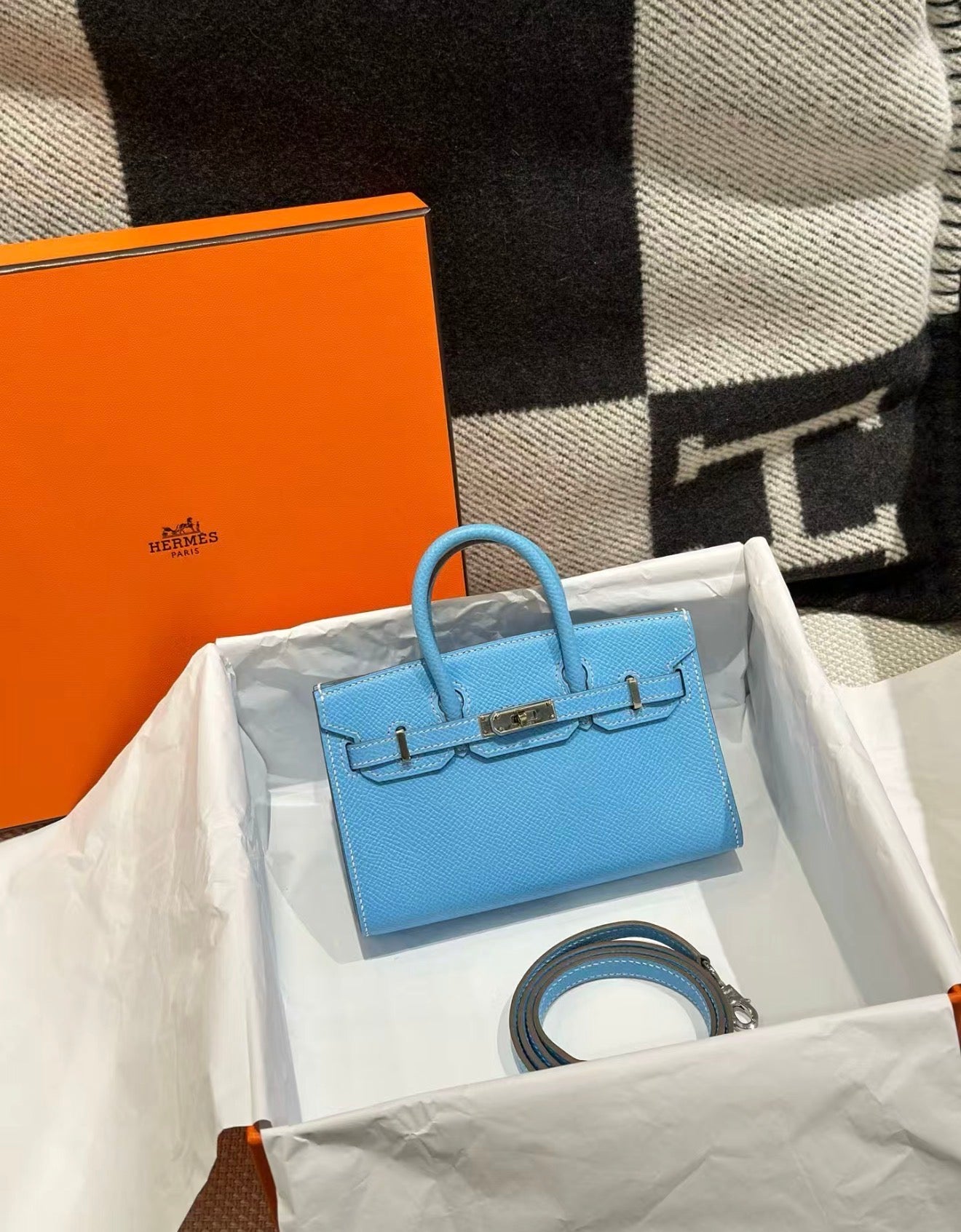 Rare. Hermes Micro birkin 15 in blue Celeste palladium hardware