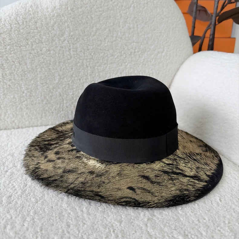 Maison Michel Color Block Rabbit Fur Wide Brim Hat