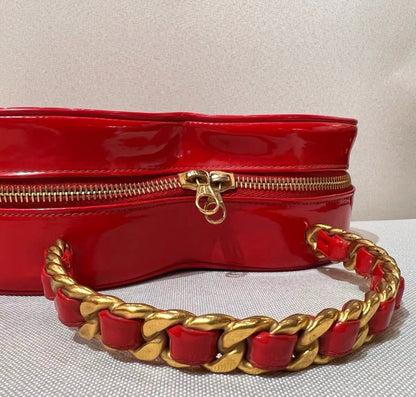 CHANEL 1995 VINTAGE RED PATENT "BARBIE" HEART VANITY LOGO BAG 24K GOLD HARDWARE