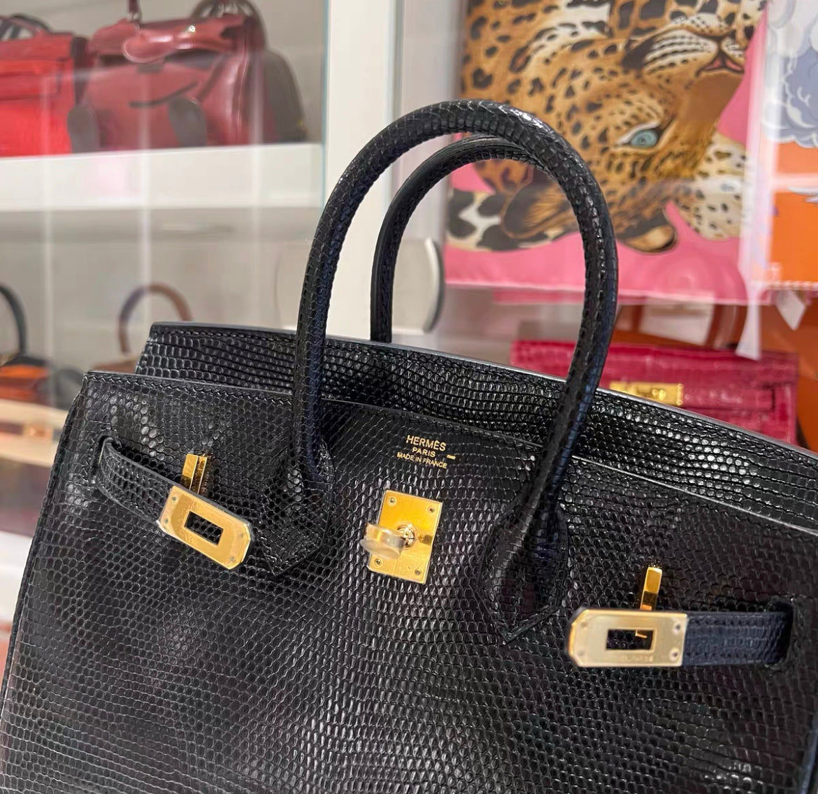 HERMÈS BIRKIN 25 SELLIER BLACK SHINY LIZARD GOLD HARDWARE