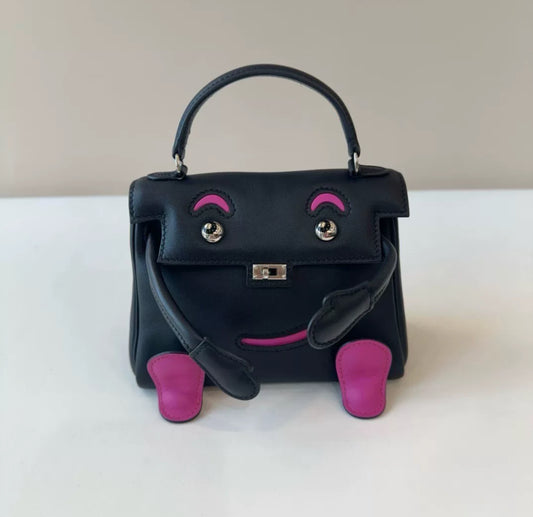 Hermes kelly doll Black & Fuchsia Swift Leather with palladium hardware