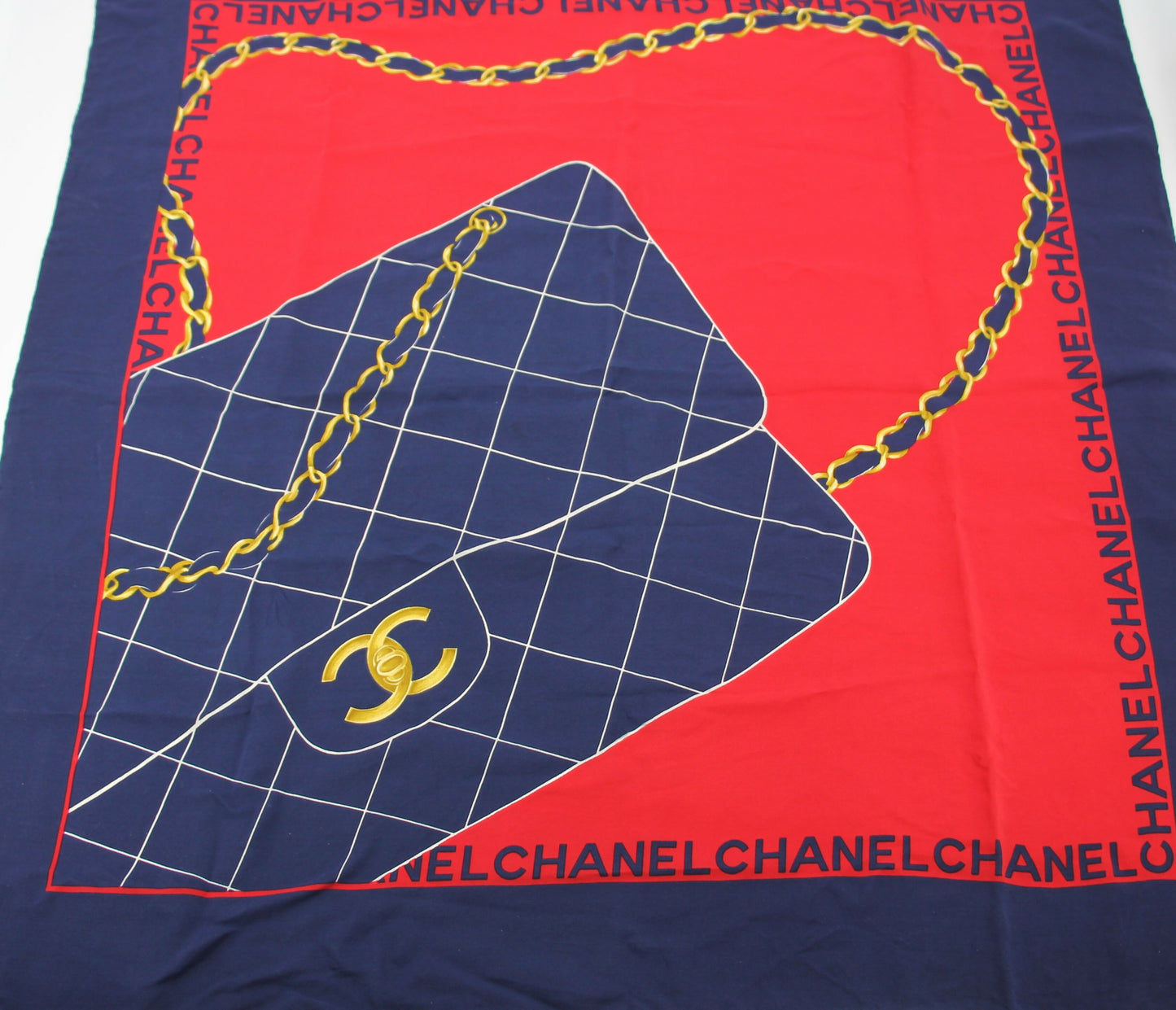 Chanel 100% Silk Navy Red Bag Pattern Scarf
