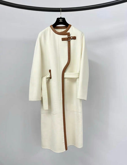 Hermes long cream white leather cashmere coat size 36