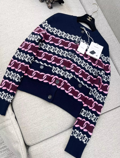 Chanel 23B navy blue, Burgundy, pink & white cardigan
