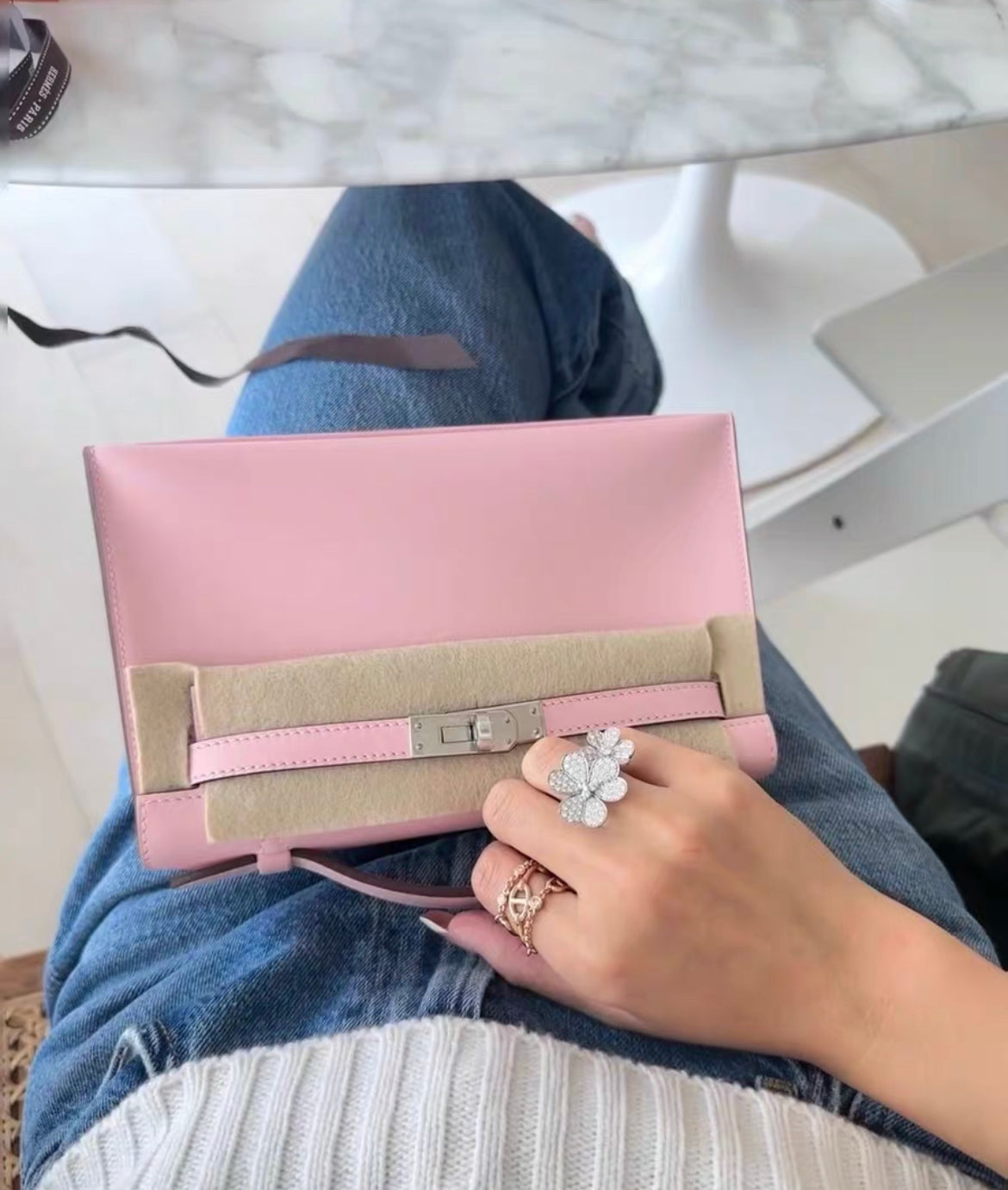 HERMES KELLY POCHETTE ROSE SAKURA SWIFT PALLADIUM HARDWARE