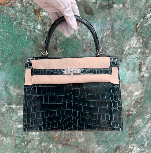 Hermes Kelly 25 vert cypress shiny niloticus palladium hardware