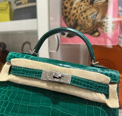 HERMES MINI KELLY SELLIER EMERALD SHINY ALLIGATOR PALLADIUM HARDWARE