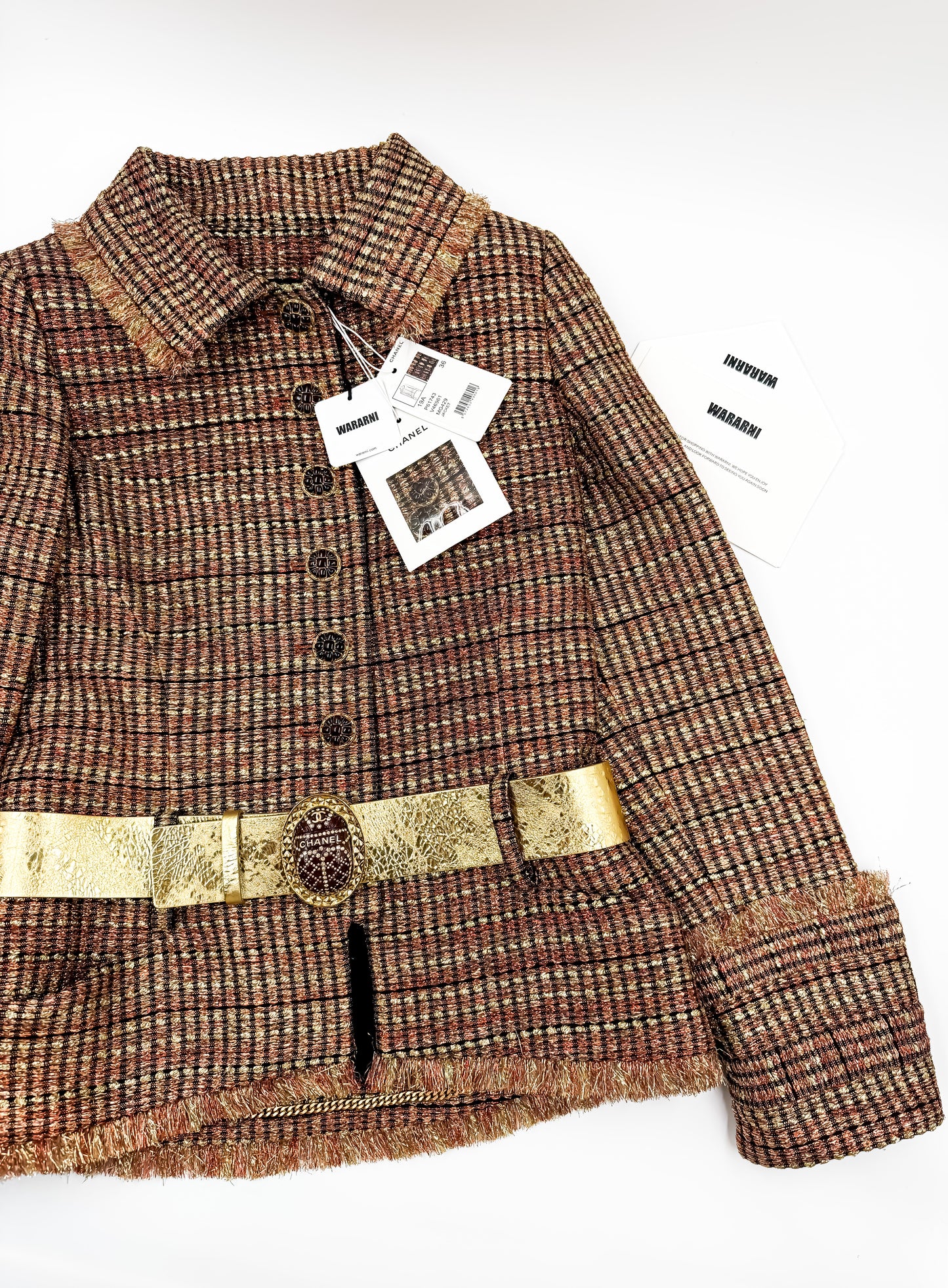 Chanel 19A Gold/Red/Black Tweed Jacket with Golden Beetle Belt