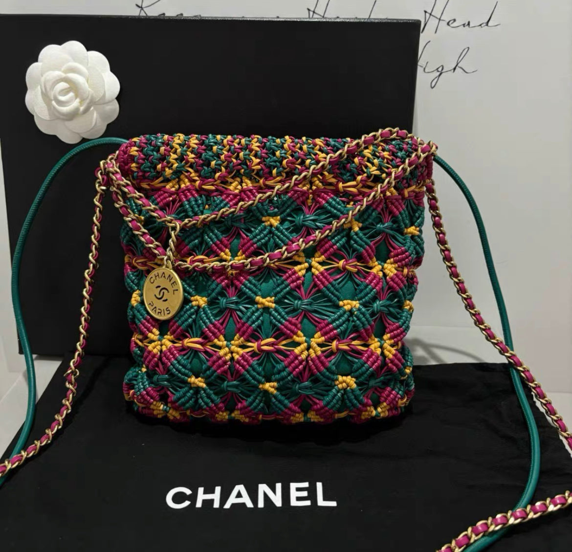 Chanel 23A Mini 22 Bag Multicolor Macrame Calfskin Gold Hardware