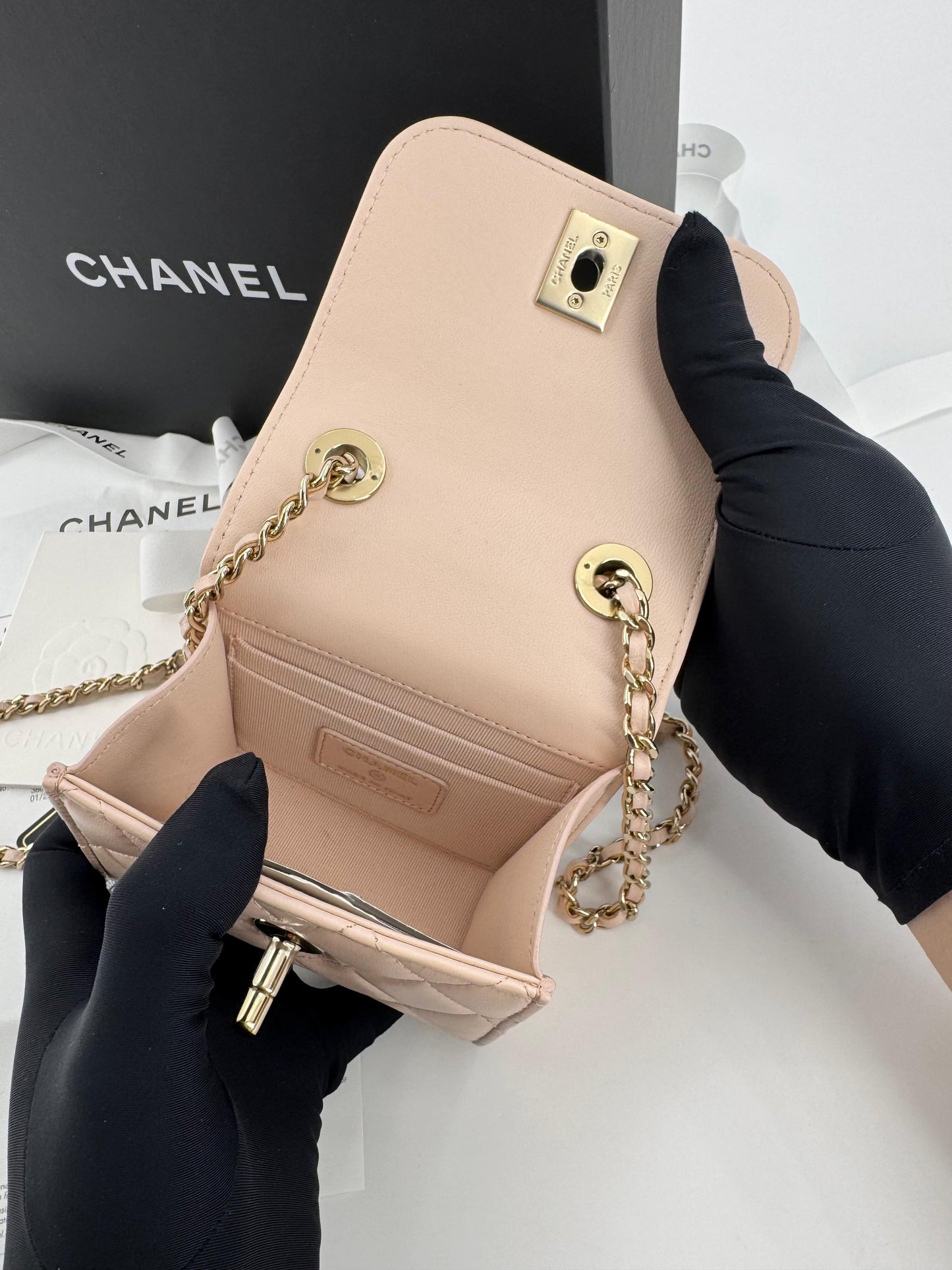 Chanel peach quilted leather coin purse with gold chain strap