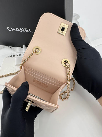Chanel peach quilted leather coin purse with gold chain strap