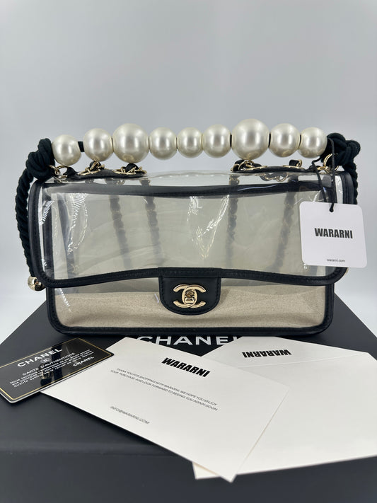 Chanel Black Lambskin PVC Sand By The Sea With Pearl Strap Flap Bag