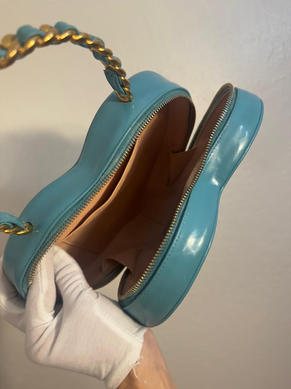 CHANEL 1995 TIFFANY BLUE / PINK PATENT LEATHER HEART VANITY BAG