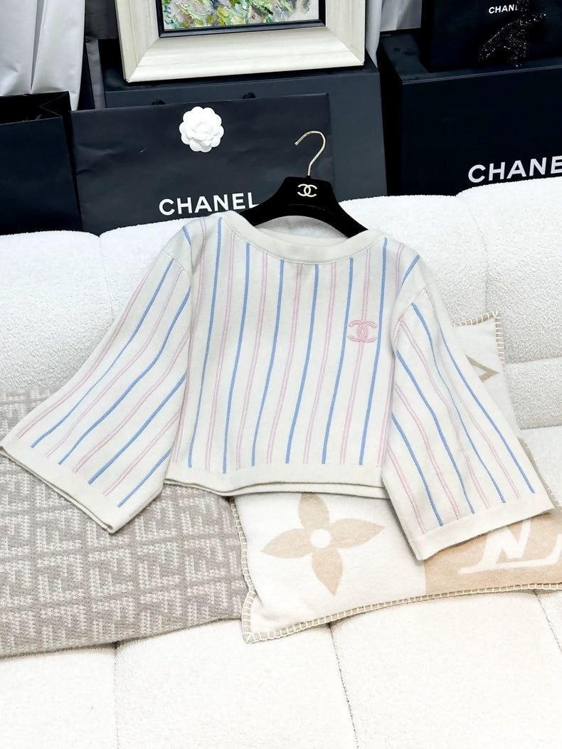 Chanel 23P white, light blue and pink striped knit top