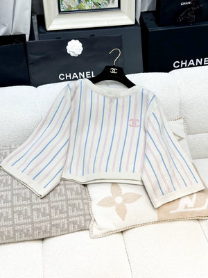Chanel 23P white, light blue and pink striped knit top