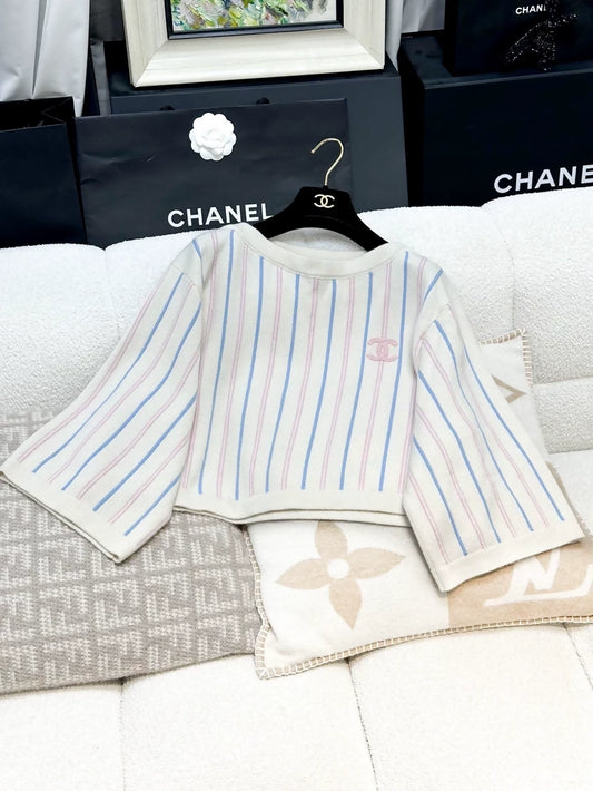 Chanel 23P white, light blue and pink striped knit top