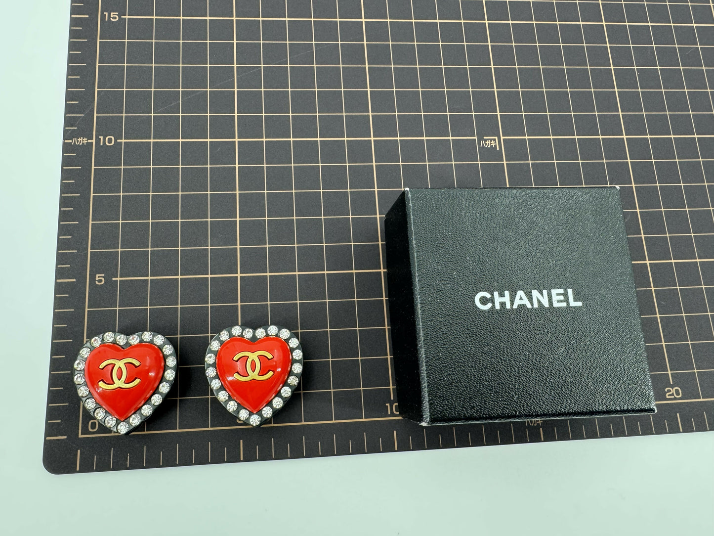 Chanel Vintage 95P Rhinestone & Gold Plated Heart-shaped Black and Red Clip-on Earrings