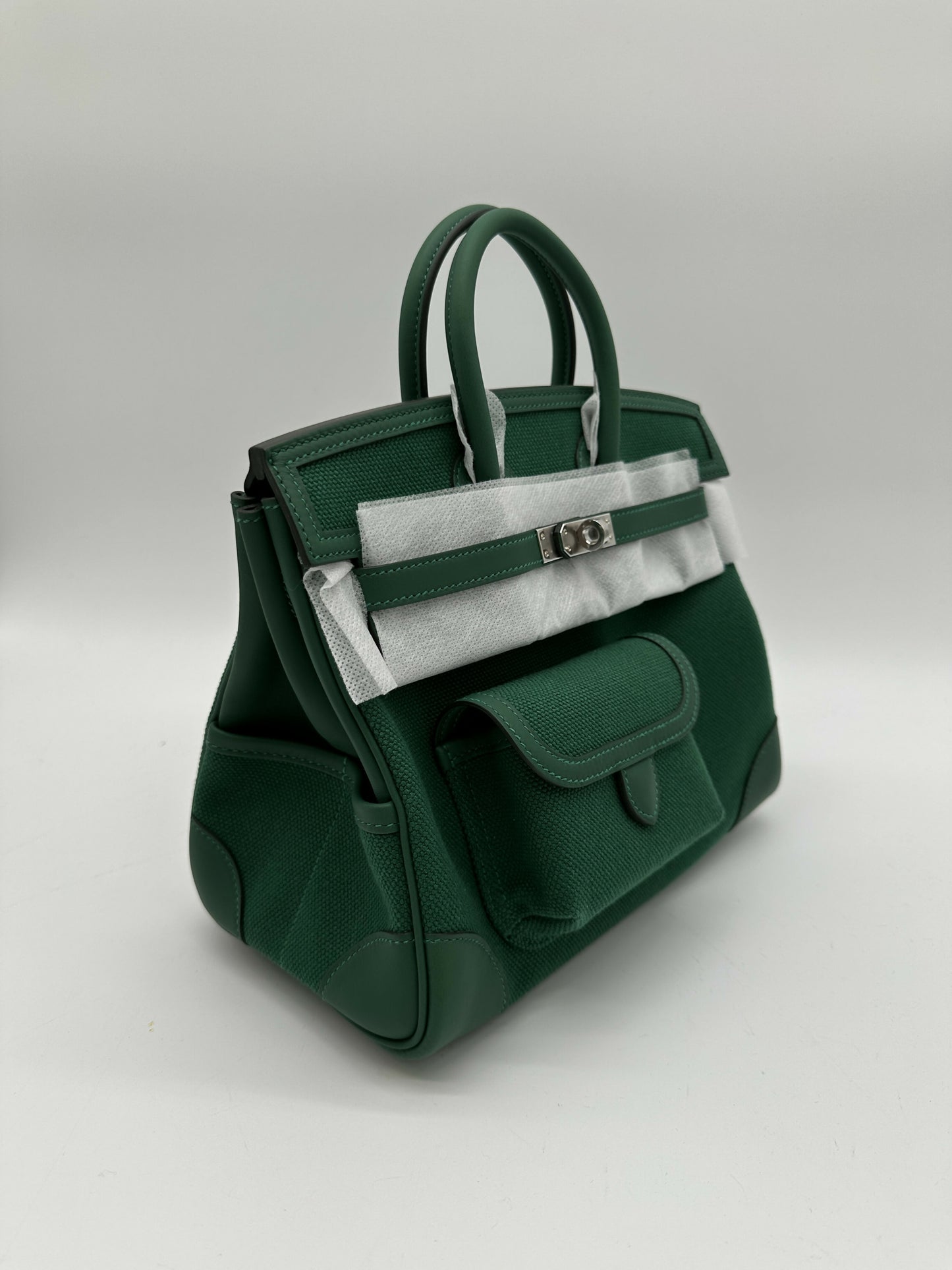 Hermes Birkin 25 Cargo Toile Goeland/Veau Swift Vert Moyen phw stamp K