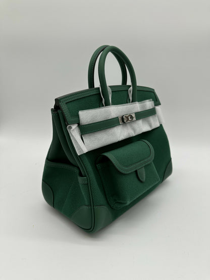 Hermes Birkin 25 Cargo Toile Goeland/Veau Swift Vert Moyen phw stamp K