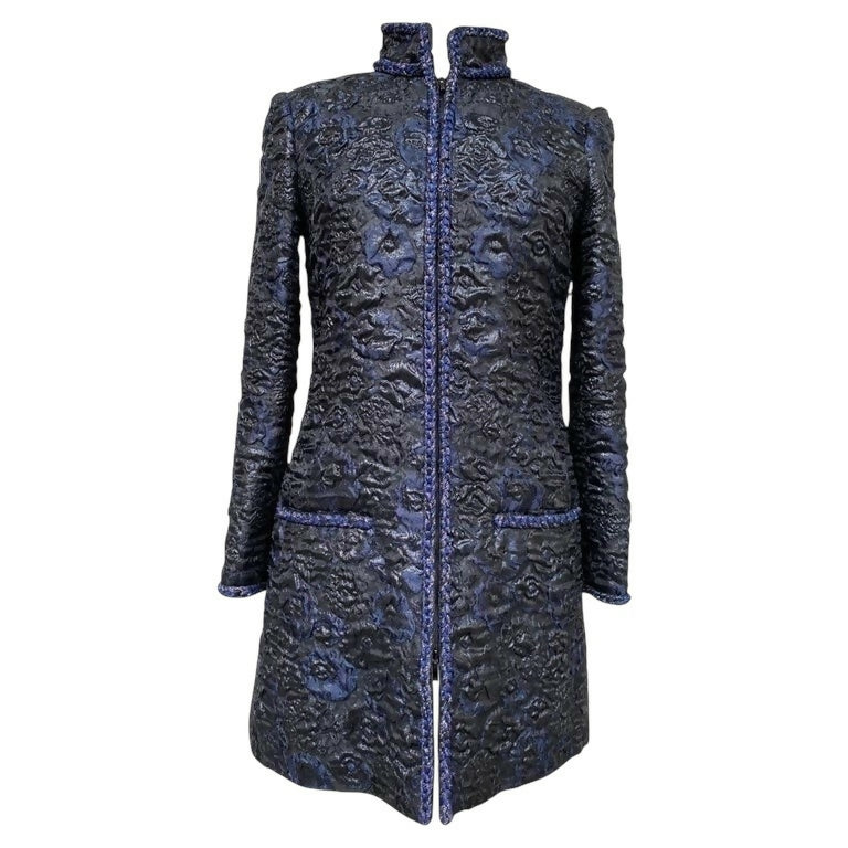 Chanel 16A Paris Rome Black Navy Metallic Camellia Jacquard Braid Long Coat Jacket FR 38