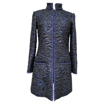 Chanel 16A Paris Rome Black Navy Metallic Camellia Jacquard Braid Long Coat Jacket FR 38