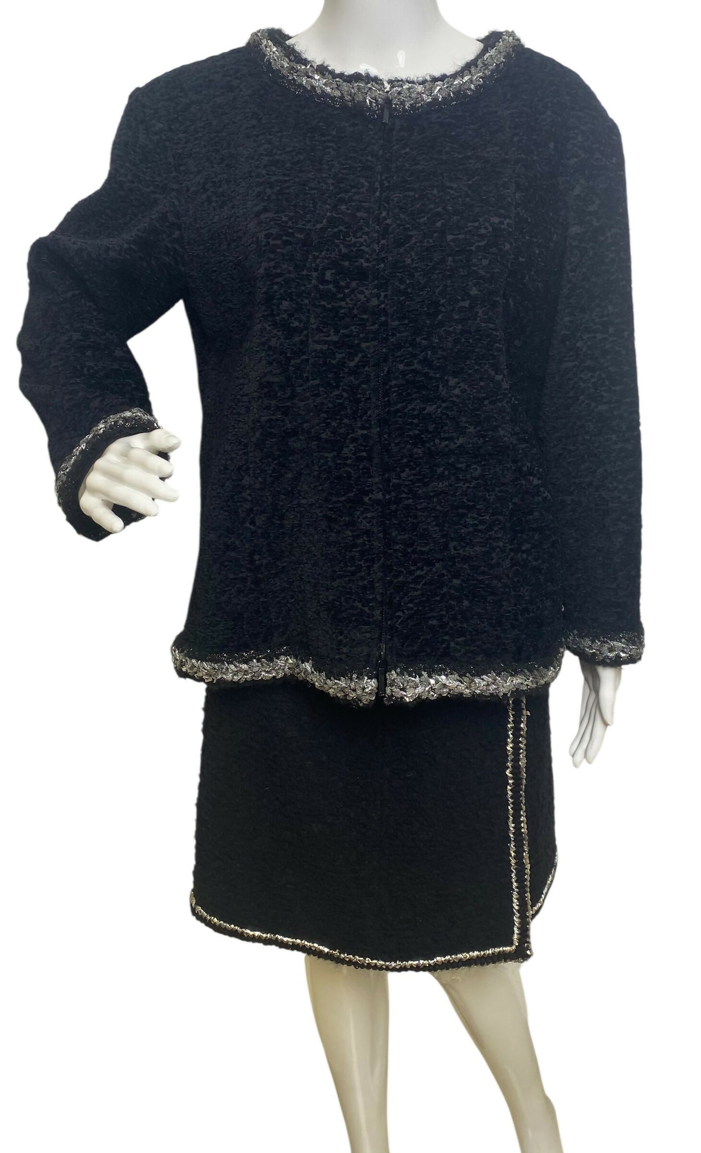 Chanel 14A Runway Supermarket Collection Black Boucle Silver Metallic Braided Trim Jacket 42