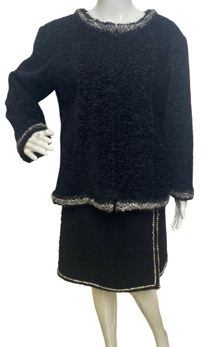 Chanel 14A Runway Supermarket Collection Black Boucle Silver Metallic Braided Trim Jacket 42