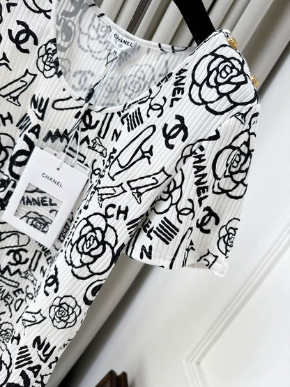 Chanel 19A Egypt Series White Graffiti Camélia Full Print Logo top