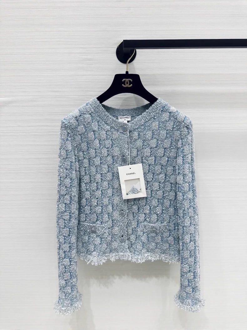 Chanel 26c blue knitted fringed cardigan