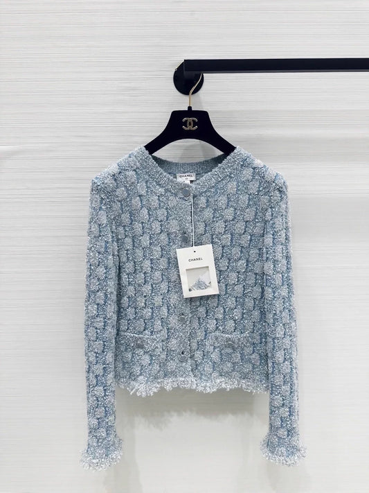 Chanel 26c blue knitted fringed cardigan