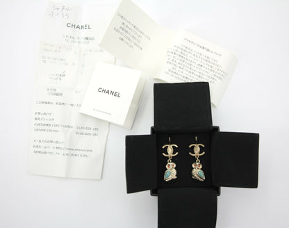 Chanel 18C Metal Owl CC Logo Pendant Earrings