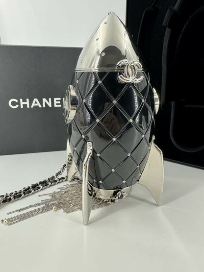 Chanel 2017 Plexiglass and Rhinestone Limited Edition Black Rocket Ship Minaudière Bag