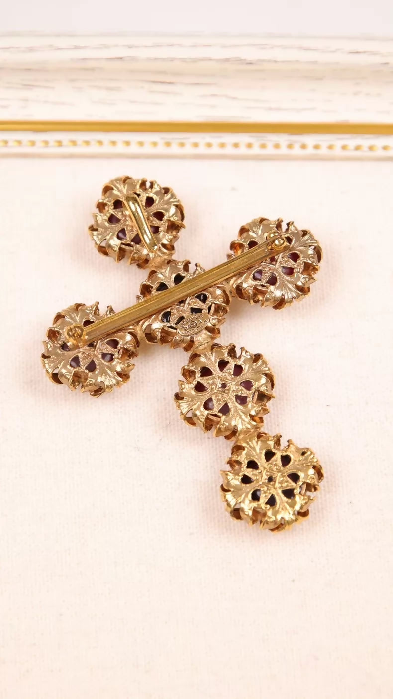 Chanel 1994 Red Glass Rhinestone Cross Brooch