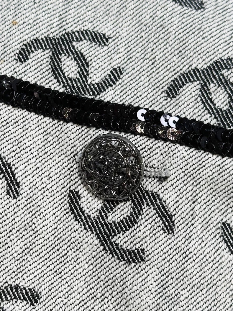 Chanel 22S grey denim dress with all-over logo and black rhinestone buttons